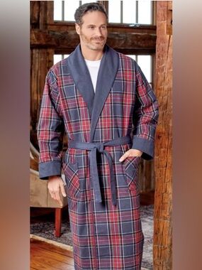Vermont Country Store XL Double-Comfort Portuguese Navy Red Plaid Flannel Robe